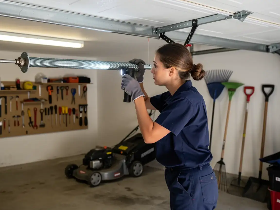 A technician in a blue uniform inspects a garage door torsion spring with a flashlight.