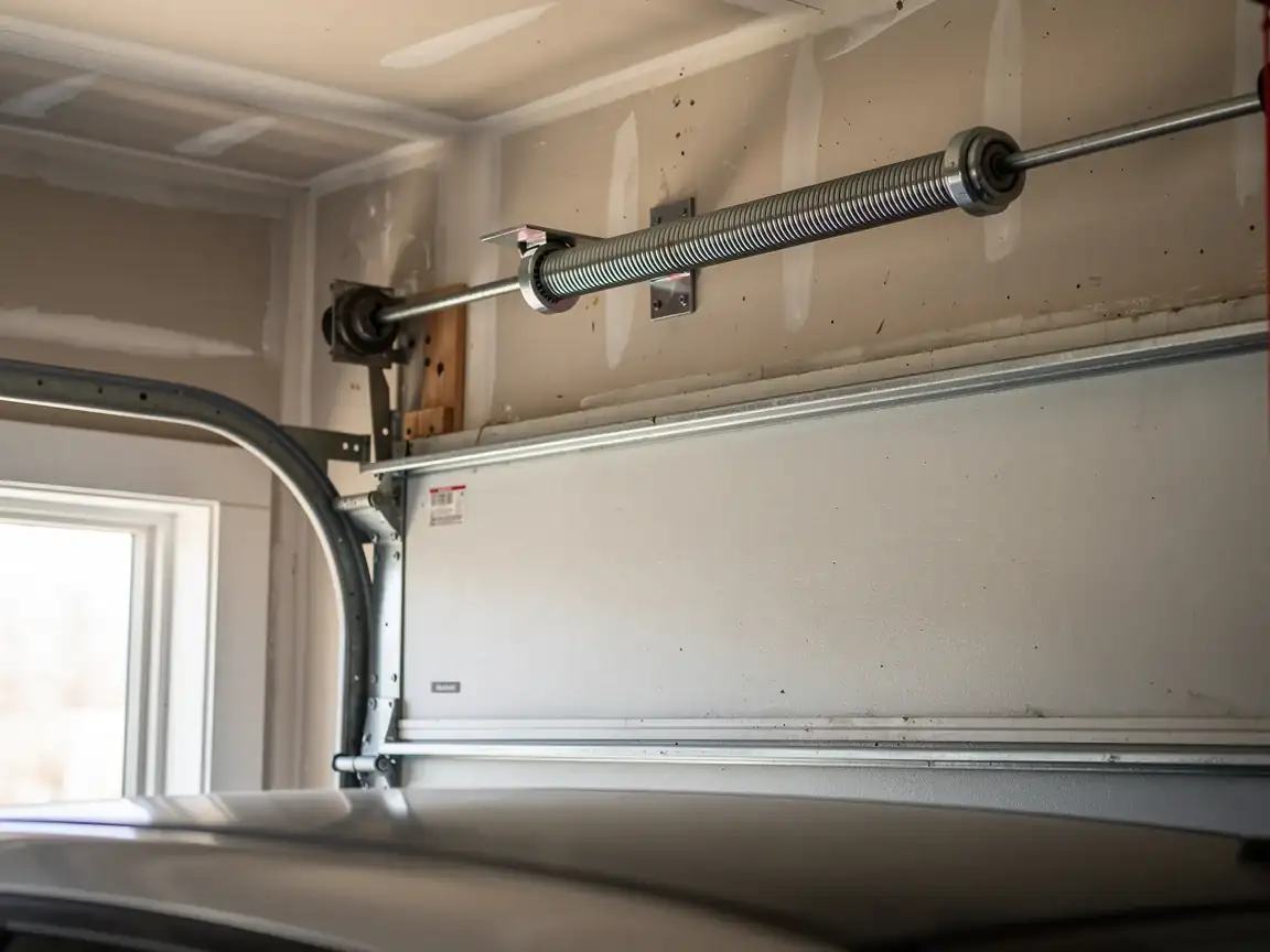 A torsion spring is mounted above a white garage door.