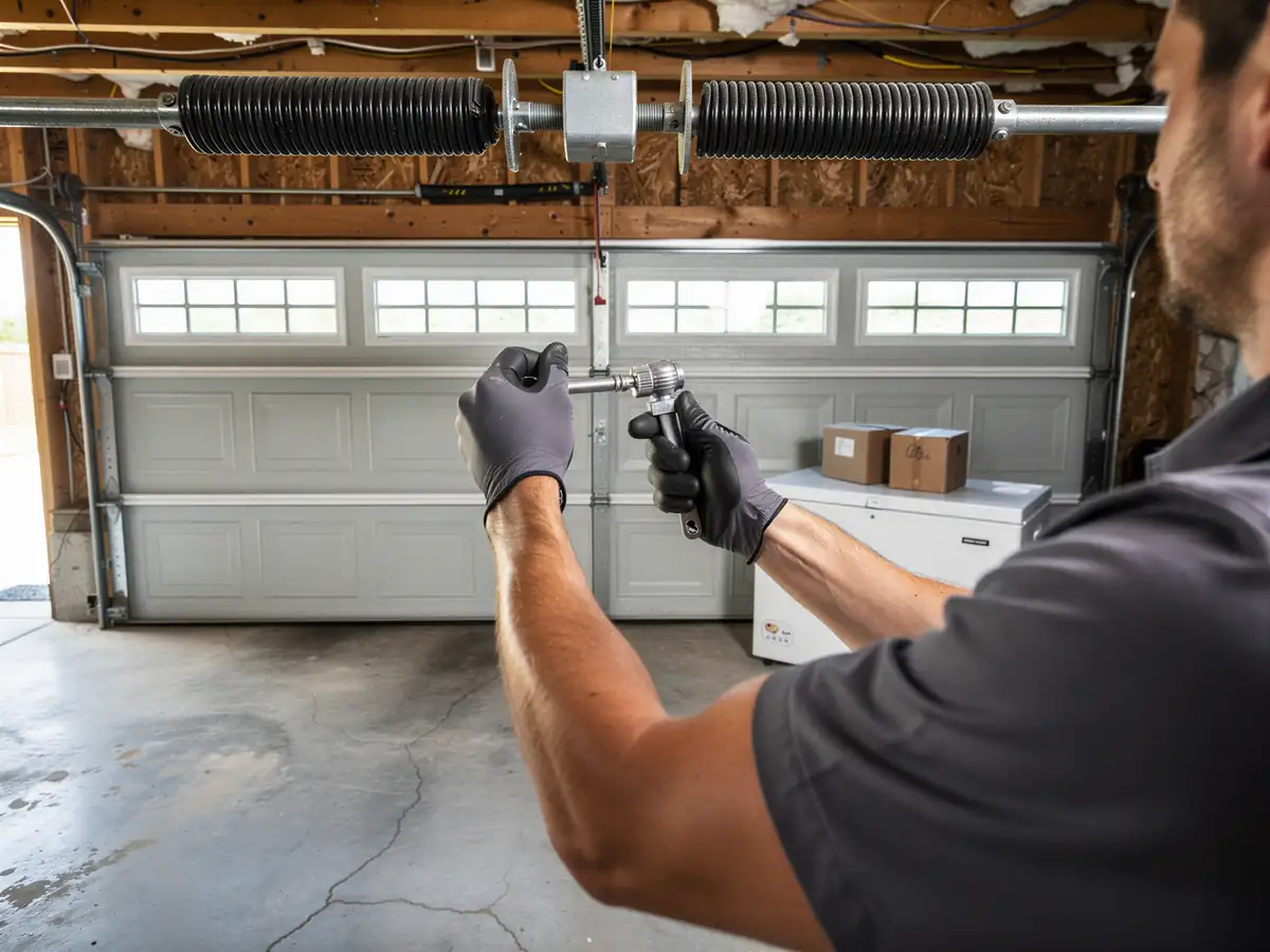 A technician in black gloves holds a wrench near a garage door torsion spring.